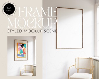 Mockup di cornice digitale con riflesso su vetro, formato 5x7, mockup di cornice minimalista, mockup di interni moderni, mockup di poster, mockup di Photoshop