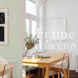 May include: A gold frame mockup in a white room with a wooden table and chairs. The frame is empty and ready for your design.
