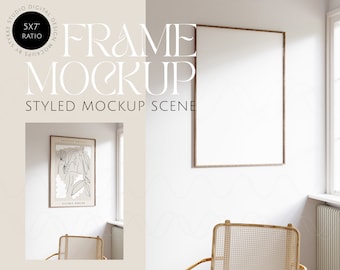 mockup di cornice digitale con riflesso in vetro, rapporto 5x7, mockup di cornice minimalista, mockup di interni moderni, mockup di poster, mockup di Photoshop