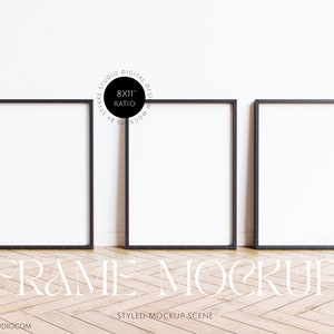 8x11 tre svarta ramar mockups, 8x11 ram mockup, set om tre, svart ram mockup, digital ram, uppsättning vertikala ramar, mockup med 3 ramar