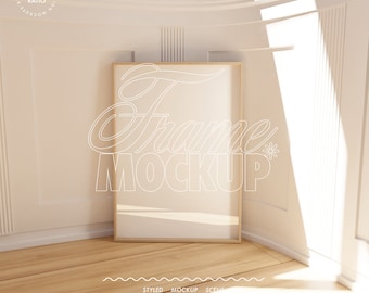 vertical frame mockup, glass reflection frame DIN A mockup, white room sunshine mockup poster design, digital printable set presentation