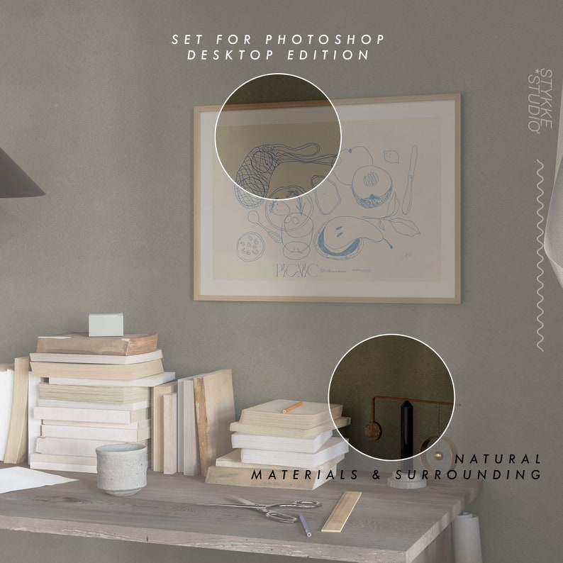 May include: A framed illustration of a blue line drawing of fruit on a beige background. The frame is on a light green wall. A stack of books and a small cup are on a wooden table. The text "SET FOR PHOTOSHOP DESKTOP EDITION" is at the top of the image. The text "STYKKESTUDIO" is on the right side of the image. The text "NATURAL MATERIALS & SURROUNDING" is at the bottom of the image.