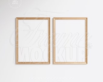 two frame mockup gold wood DIN A4 vertical, passe-partout mockup frame duo vintage, small art frame mockup digital 5:7 poster slip mount mat