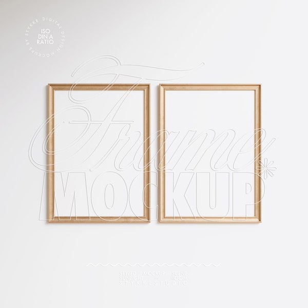 two frame mockup gold wood DIN A4 vertical, passe-partout mockup frame duo vintage, small art frame mockup digital 5:7 poster slip mount mat