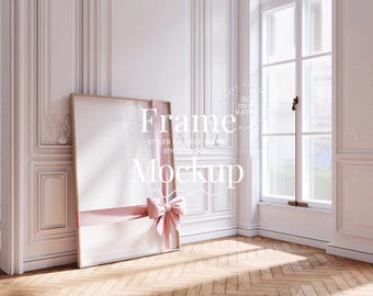 Scandinavian frame mockup DIN A, minimalistic romantic bow mockup design gallery mockup bright tall vertical frame template coquette ribbon