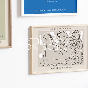 May include: A black and white line drawing of a woman with long hair, lying on her side. The drawing is on a beige background with white flowers. The text "EDITION MMXXII" and "GALERIE BOH&Egrave;ME" is printed below the drawing.