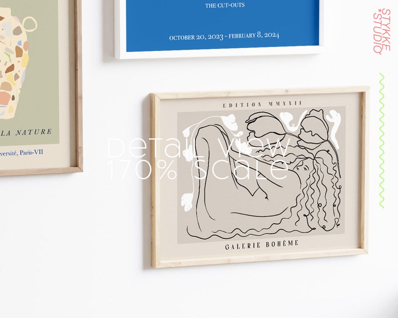 May include: A black and white line drawing of a woman with long hair, lying on her side. The drawing is on a beige background with white flowers. The text "EDITION MMXXII" and "GALERIE BOH&Egrave;ME" is printed below the drawing.