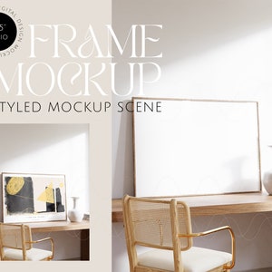 May include: A styled mockup scene featuring a wooden desk with a chair, a vase, and two frames. The larger frame is empty, while the smaller frame contains an abstract painting with black, white, and gold accents. The desk is made of light wood and has a natural finish. The chair is made of woven wicker and has a light brown finish. The vase is white and has a simple, elegant design. The frames are both made of wood and have a light brown finish.