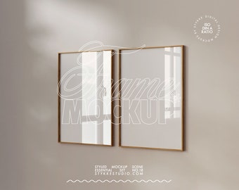 vertical frame mockup DIN A duo two wooden picture frame digital poster print shop presentation modern shadow overlay minimalist wall art