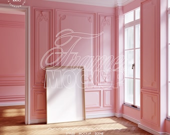 tall vertical frame mockup, huge poster mockup DIN A ratio, mockup vintage pink villa vintage rose wall pastel, sunny room frame mockup
