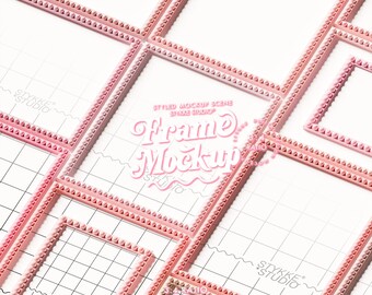 May include: Pink picture frames arranged on a white grid background. The frames have a textured border and are of varying sizes. The image includes the text "Frame Mockup Studio" and "Human Made High End Mockups for Your Art."