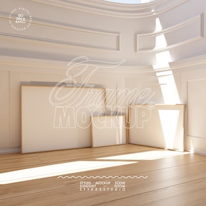 May include: A mockup of four wooden picture frames in a white room with a wood floor. The frames are empty and ready for your photos or artwork. The room is lit by sunlight streaming through a window.