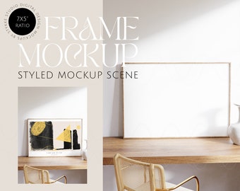 mockup de moldura horizontal, mockup de interior minimalista, mockup de moldura de madeira, mockup de moldura sobre mesa, mockup de moldura horizontal, mockup do Photoshop