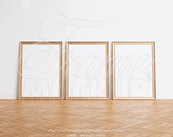 frame mockup gold wood DIN A4 vertical trio, passe-partout mockup frame vintage, small three frame mockup digital 5:7 poster slip mount
