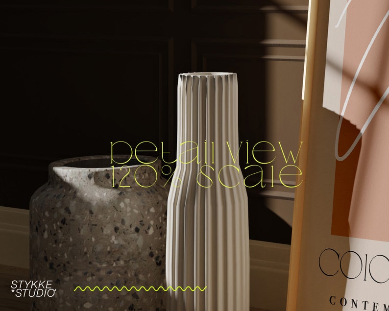 May include: Two ceramic vases, one with a textured surface and the other with a ribbed design. The vases are on a wooden surface with a framed print that says "Color" and "Contemporary" in the background.