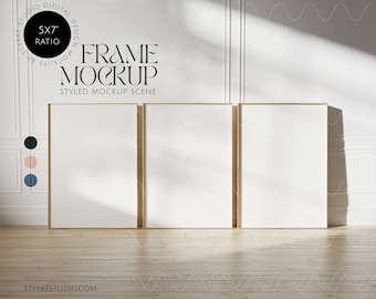 Vertical frame mockup trio, 3 frame mockups, 5x7 ratio, minimalistic scandinavian interior mockup, design gallery template