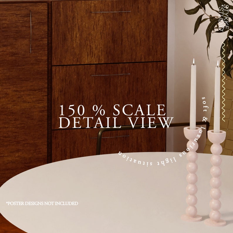 May include: Two pink ceramic candle holders with white candles. The candle holders have a beaded design and are on a white table. The text "150% SCALE DETAIL VIEW" is in the background.