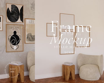May include: A styled mockup scene featuring a white wall with four empty picture frames, two armchairs, and a wooden side table with books. The frames are arranged in a staggered pattern, with the largest frame at the top. The armchairs are upholstered in a light beige fabric and have a rounded shape. The side table is made of natural wood and has a simple design. The text "Frame Mockup" is written in white letters on the wall.
