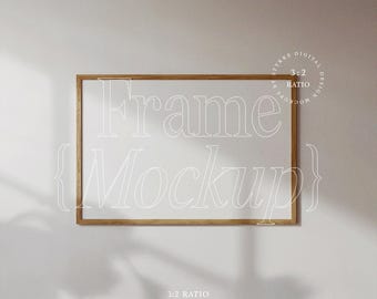 landscape frame mockup for 3:2 poster painting artwork, wooden horizontal frame mockup with white wall natural lightning soft shadow