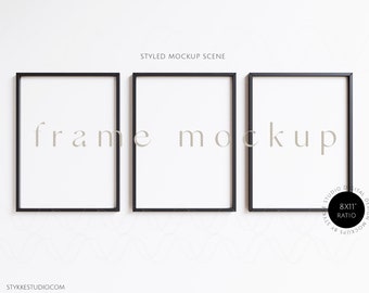 8x11 three black frame mockup, 3 frame mockups, 8x11 ratio, minimalistic interior mockup, design gallery frame mockup, frame template, smart