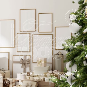 frame mockup DIN A, gallery wall frame mockup Christmas Day mockup, gold beige gift bow mockup party ribbon picture frame mockup wall