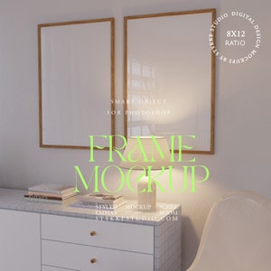 two frames mockup, modern interior mockup scene for two prints, white beige frame mockup art glass reflection 2 frame Photoshop templates