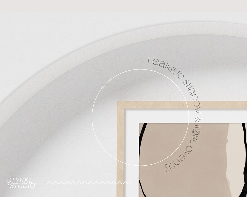 May include: A framed abstract art print with a beige background and black lines. The text "realistic shadow & light overlay" is written in a circle around the frame.