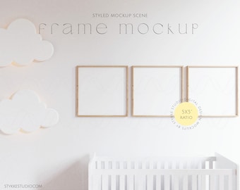 square neutral nursery mockup frame, quadrate frame mockup trio, nursery frame mockups, children room mockup, square frame mockup trio