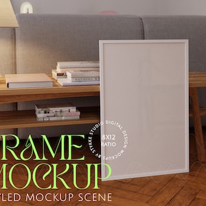 digital frame mockup, authentic interior scene mockup, wooden frame mockup, art print mockup, realistic poster mockup, Photoshop mockup