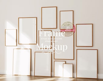 frame mockup light wood DIN A 4, simple digital 12 vertical frames gallery wall mockup, vertical poster bundle mockup sun glass reflection,