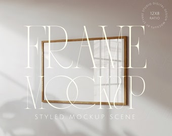 horizontal frame mockup 2:3 sideview wooden frame mockup with glass reflection and shadow overlay, landscape frame mockup, daylight mockup