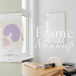 thin golden frame mock up for a4 print, vertical frame mockup in bright room, feminine frame mockup for digital art poster presentation