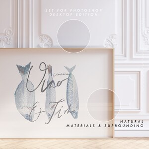 May include: A framed print with a white background and a watercolor illustration of three fish. The text "Uno e Fish" is written in cursive script. The text "Natural Materials & Surrounding" is written in black at the bottom of the print.