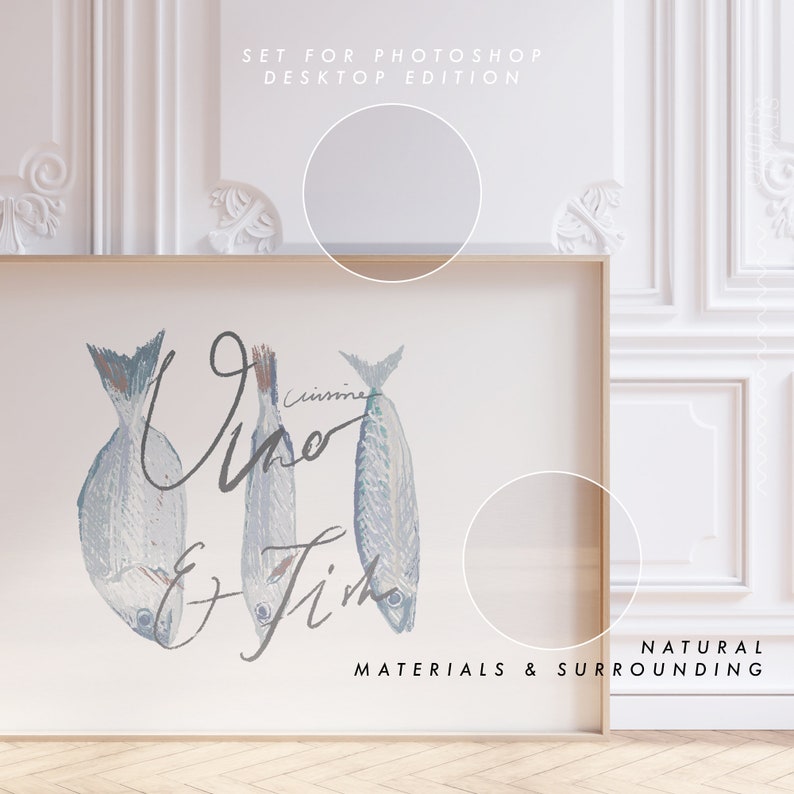 May include: A framed print with a white background and a watercolor illustration of three fish. The text "Uno e Fish" is written in cursive script. The text "Natural Materials & Surrounding" is written in black at the bottom of the print.