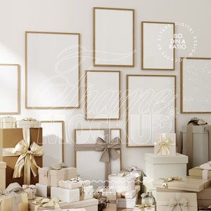 Christmas Day frame mockup DIN A, gallery wall frame mockup Boxing Day mockup, gold beige gift mockup art digital picture frame mockup wall