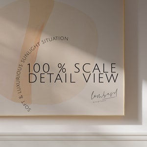 May include: A close-up of a framed print with a soft, peach and beige abstract design. The print has the text "Soft & Luxurious Sunlight Situation 100% Scale Detail View" and the signature "lombard //2011".