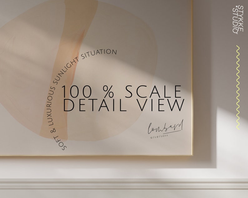 May include: A close-up of a framed print with a soft, peach and beige abstract design. The print has the text "Soft & Luxurious Sunlight Situation 100% Scale Detail View" and the signature "lombard //2011".