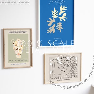 May include: Three framed art prints on a white wall. The print on the left features a green background with a brown and beige vase with a floral design. The text "ATELIER DU POTTERY" and "LA VIE DE LA NATURE" is on the print. The print in the middle features a blue background with abstract shapes in beige and yellow. The text "Melisse" and "THE CUT-OUTS" is on the print. The print on the right features a beige background with a black line drawing of two figures. The text "EDITIO" and "GALERIE BOREME" is on the print.