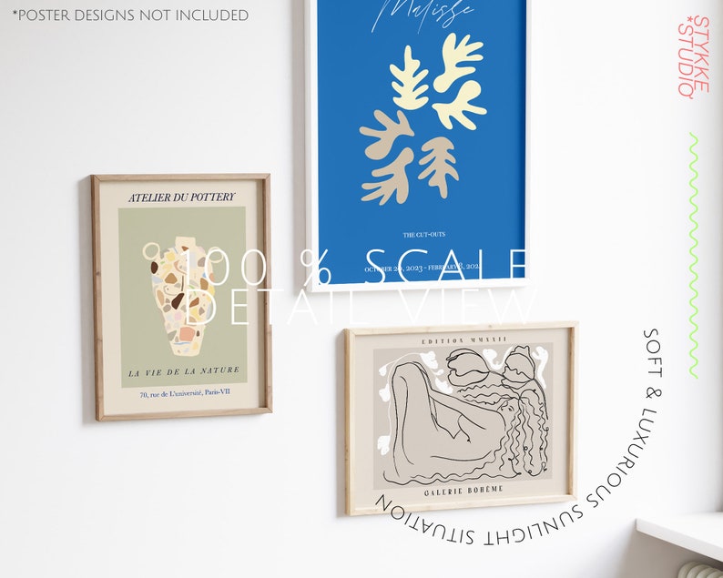 May include: Three framed art prints on a white wall. The print on the left features a green background with a brown and beige vase with a floral design. The text "ATELIER DU POTTERY" and "LA VIE DE LA NATURE" is on the print. The print in the middle features a blue background with abstract shapes in beige and yellow. The text "Melisse" and "THE CUT-OUTS" is on the print. The print on the right features a beige background with a black line drawing of two figures. The text "EDITIO" and "GALERIE BOREME" is on the print.