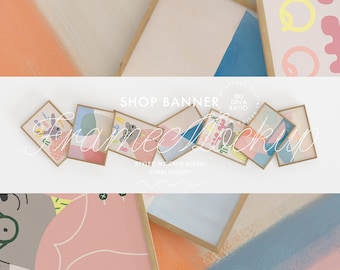 Etsy shop banner for print shops with frame mockups, customizable title image gallery poster store, 3360x840px preview artwork for Photoshop