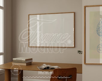 Maquete de moldura horizontal de madeira para impressões e fotografias, maquete de moldura ISO DIN A, maquete de arte de parede, maquete de moldura para pôsteres de loja de arte de parede.