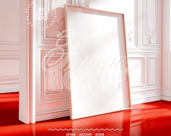frame mockup vertical tall DIN A, red floor vintage room mockup, contemporary aesthetic frame mockup for Photoshop