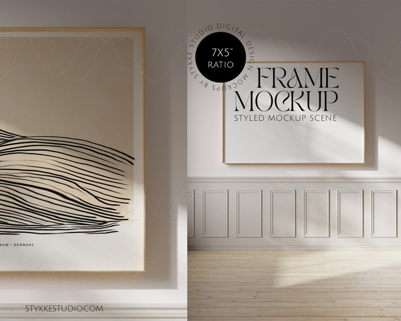 May include: A gold framed mockup of a 7x5 inch ratio frame in a white room with white wainscoting and wood floors. The text "FRAME MOCKUP" and "STYLED MOCKUP SCENE" is visible on the frame.