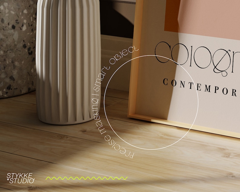 May include: A framed print with the text "Colorgram Contemporary" in black lettering on a light pink background. The frame is made of natural wood.