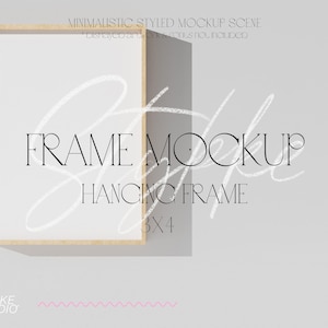 May include: A minimalist mockup scene featuring a 3x4 hanging frame with a light wood frame. The frame is hanging on a white wall with a shadow cast from the frame.