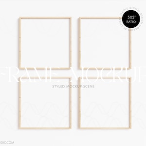 May include: Four wooden picture frames against a white background. The frames are arranged in a two by two grid. The frames are all the same size and have a simple, modern design.