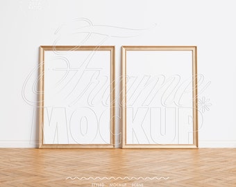 frame mockup gold wood DIN A4 vertical duo, passe-partout mockup frame picture vintage, small two frame mockup digital 5:7 poster slip mount