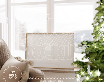 festive frame mockup for cozy Christmas Boxing Day, DIN A frame mockup winter horizontal mockup prints, Xmas poster shop mockup gift boxes