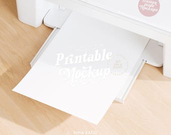 Printer Mockup with white DIN A paper, mockup for printable poster or card, empty printer paper minimalistic scene, 5:7 smart mockup PSD