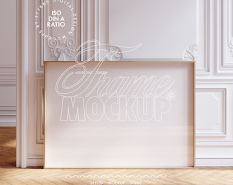 Maqueta de marco escandinavo en relación DIN A, maqueta de diseño de interior minimalista, maqueta de marco de galería, maqueta de plantilla de marco horizontal alto y brillante